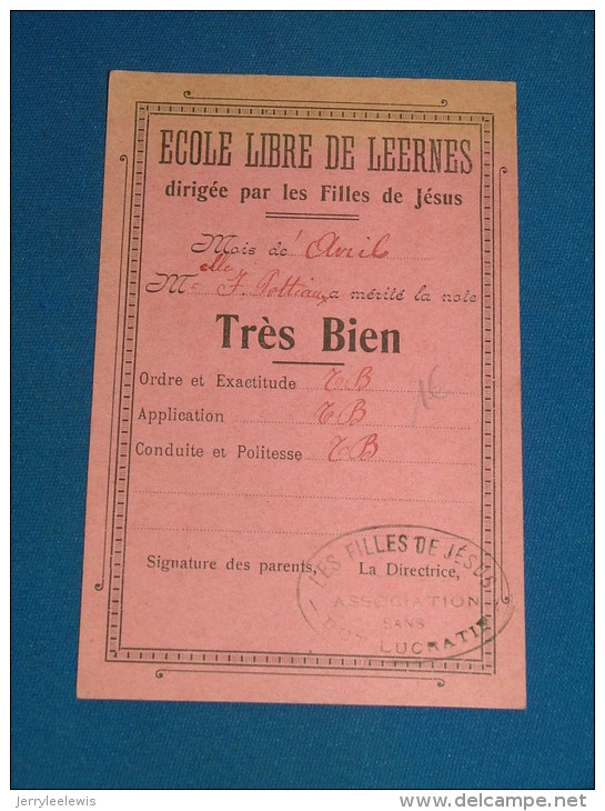 LEERNES  -   Ecole Libre De Leernes Dirigée Par Les Filles De Jésus -  Carte Mensuelle De Bonnes Notes - Fontaine-l'Evêque