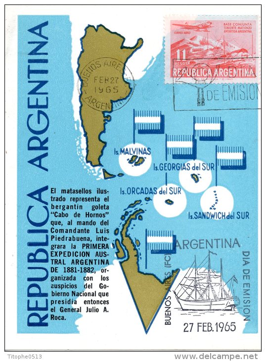 ARGENTINE. PA 103 Sur Carte Maximum (Maximum Card) De 1965. Base Antarctique/Terre De Feu.. - Onderzoeksstations