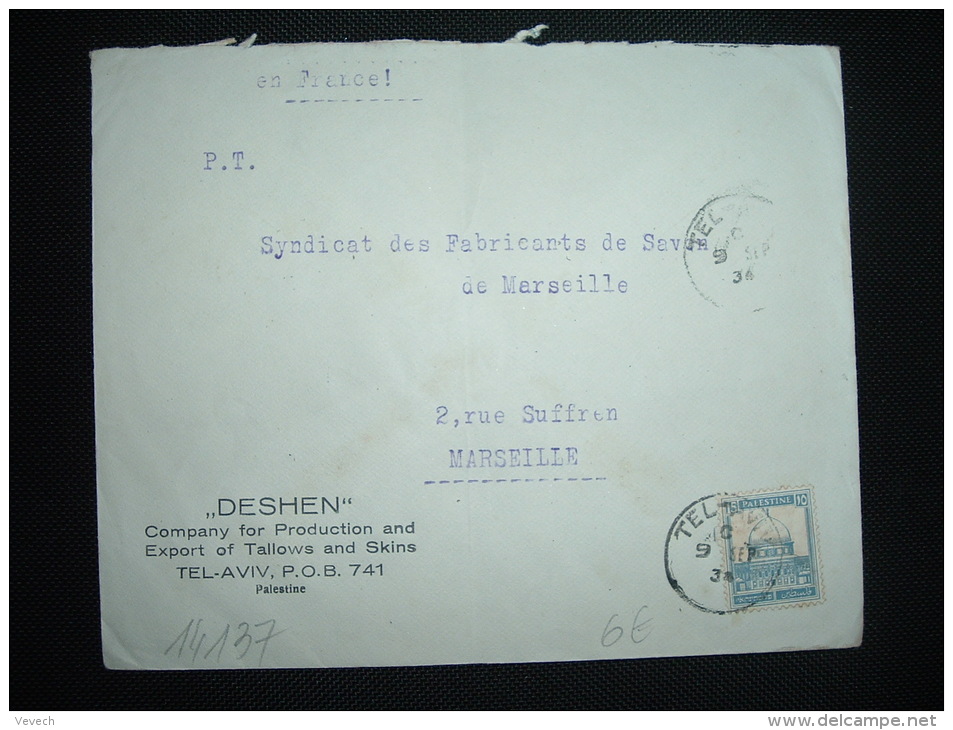 LETTRE POUR FRANCE TP 15 OBL. 9 SEP 34 TEL AVIV + DESHEN - Palestine