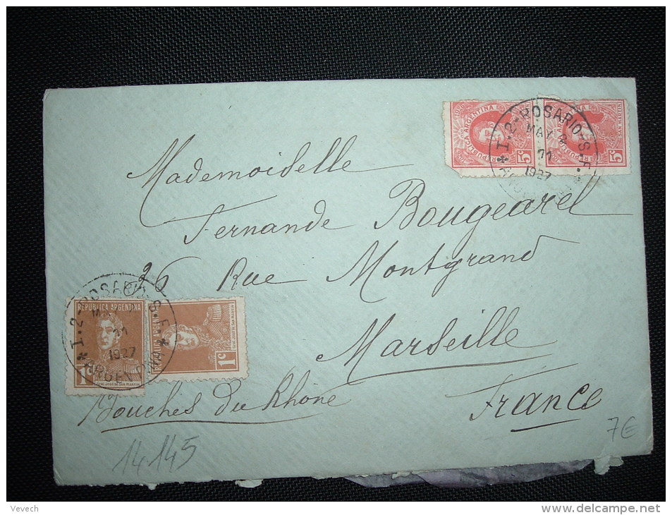 LETTRE POUR FRANCE TP SAN MARTIN 5C X2 + 1C X2 OBL. MAY 2 11 1927 I.2-ROSARIO-S.F. - Covers & Documents