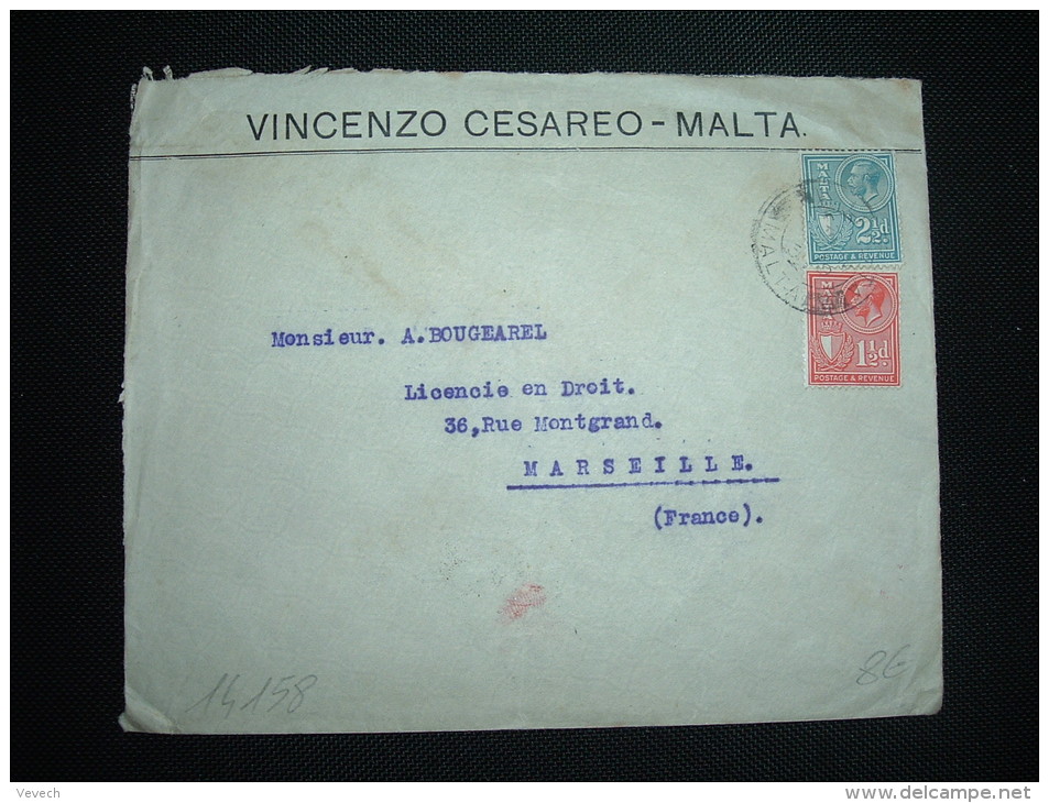 LETTRE  POUR FRANCE TP 2 1/2D + 11/2 D OBL. DE 19 32 VALLETTA MALTA + VINCENZO CESAREO - Malta (...-1964)