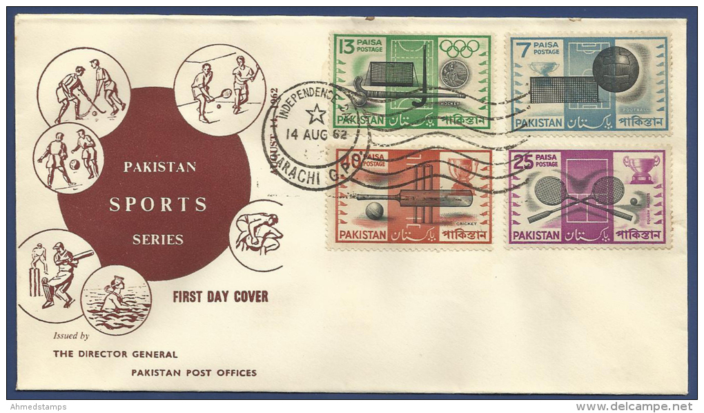 PAKISTAN MNH 1962 FDC FIRST DAY COVER PAKISTAN SPORTS SERIES SPORT FOOTBALL SOCCER HOCKEY SQUASH CRICKET - Pakistan