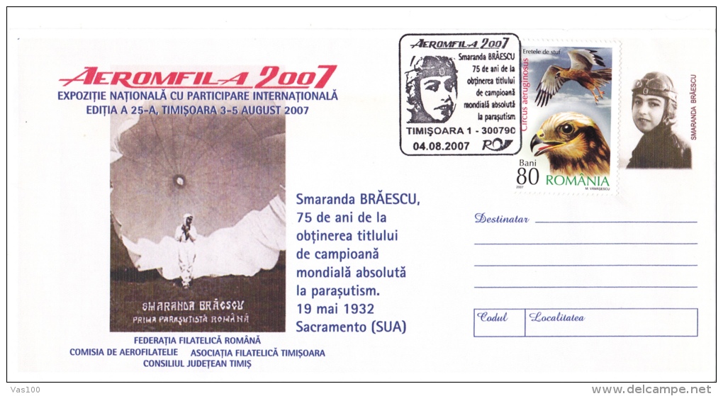 PARACHUTTING,SMARANDA BRAESCU - FIRST ROMANIAN PARACHUTIST, INTERPOSTAL STATIONERY COVER,2007,ROMANIA - Fallschirmspringen
