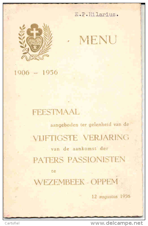 WEZEMBEEK-OPPEM-MENU-PATERS-PASSIONISTEN-VIJFTIGSTE VERJARING-JUBULEUM-1956-MOOI DOCUMENT ZIE 2 SCANS!!!! - Menu