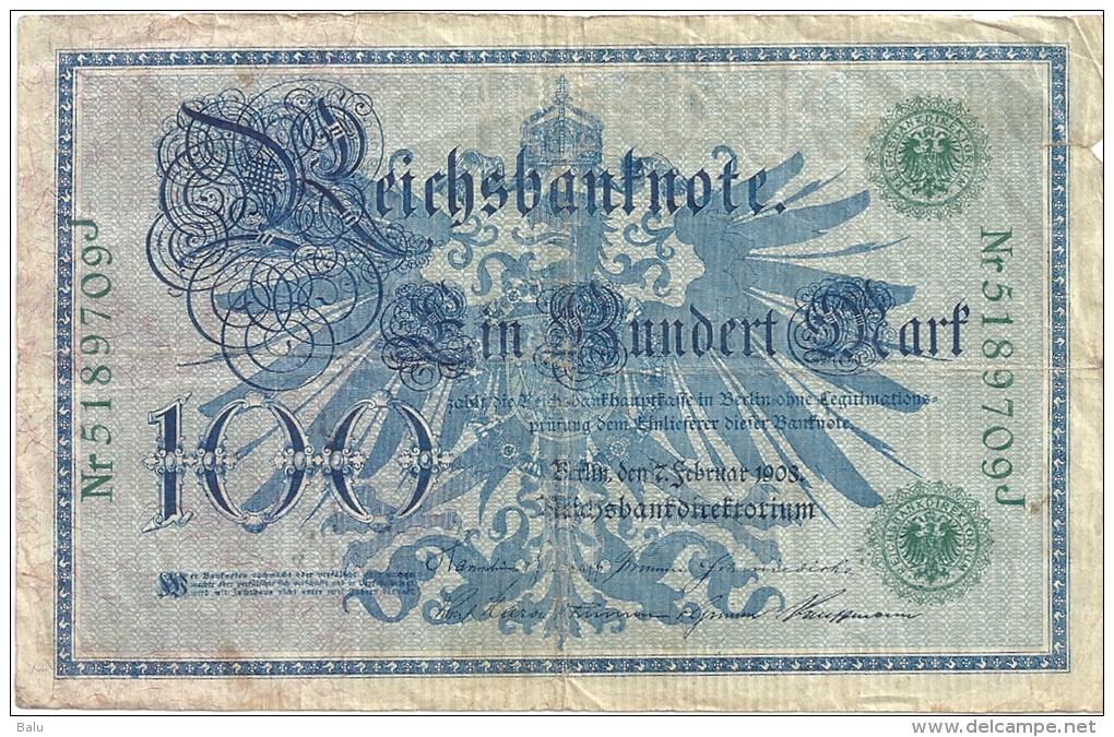 Deutschland 100 Mark Reichbanknote 1908 Ein Hundert Mark. Sie Erhalten Die Abgebildete Banknote - Siehe 2 Scans - 100 Mark