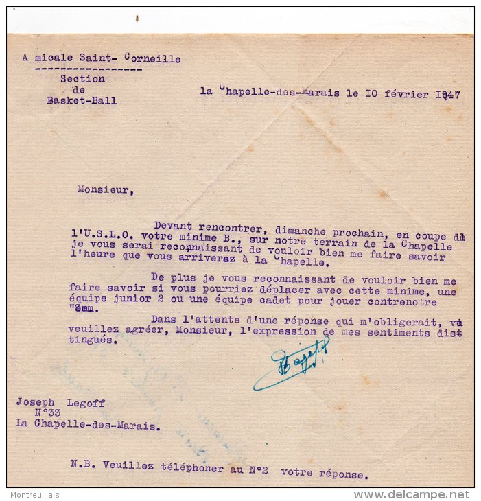 Lettre Correspondance Avec Timbre  Cachet LA BAULE, CHAPELLE DES MARAIS Basket-ball, De 1947 - Otros & Sin Clasificación