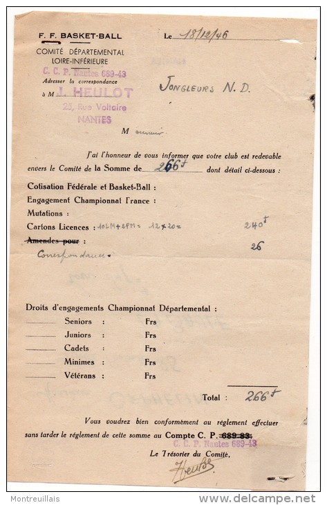 Lettre Correspondance Avec Timbre, F.F.de  Basket-ball, De 1946 à NANTES - Sonstige & Ohne Zuordnung