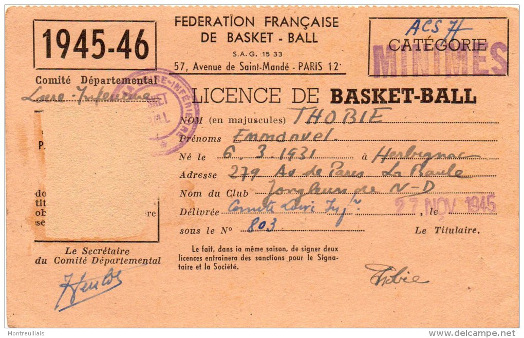 Licence De BASKET-BALL 1945/1946, LA BAULE, Photo Décollée - Autres & Non Classés