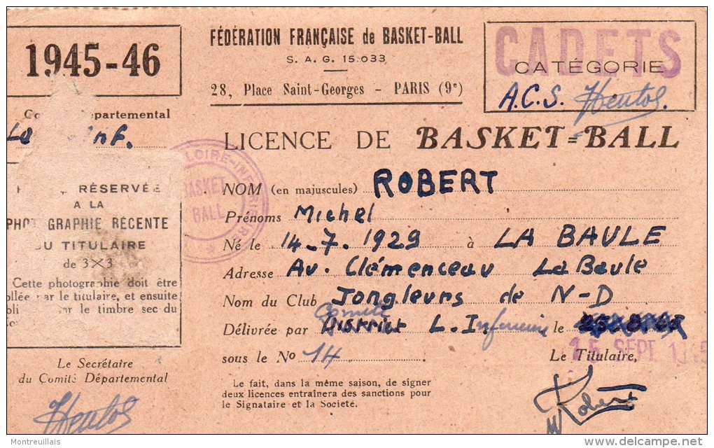 Licence De BASKET-BALL 1945/1946, LA BAULE, Photo Décollée, Cadet - Otros & Sin Clasificación