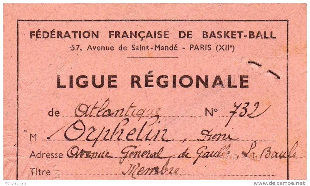 Carte De La Ligue Régionale De Basket-ball De LA BAULE, 1948/49, Photo Décollée, Agraphe - Autres & Non Classés