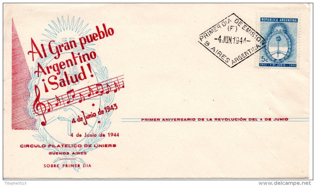 ARGENTINE. N°442 Sur Enveloppe 1er Jour (FDC) De 1944. Armes De La République. - Covers