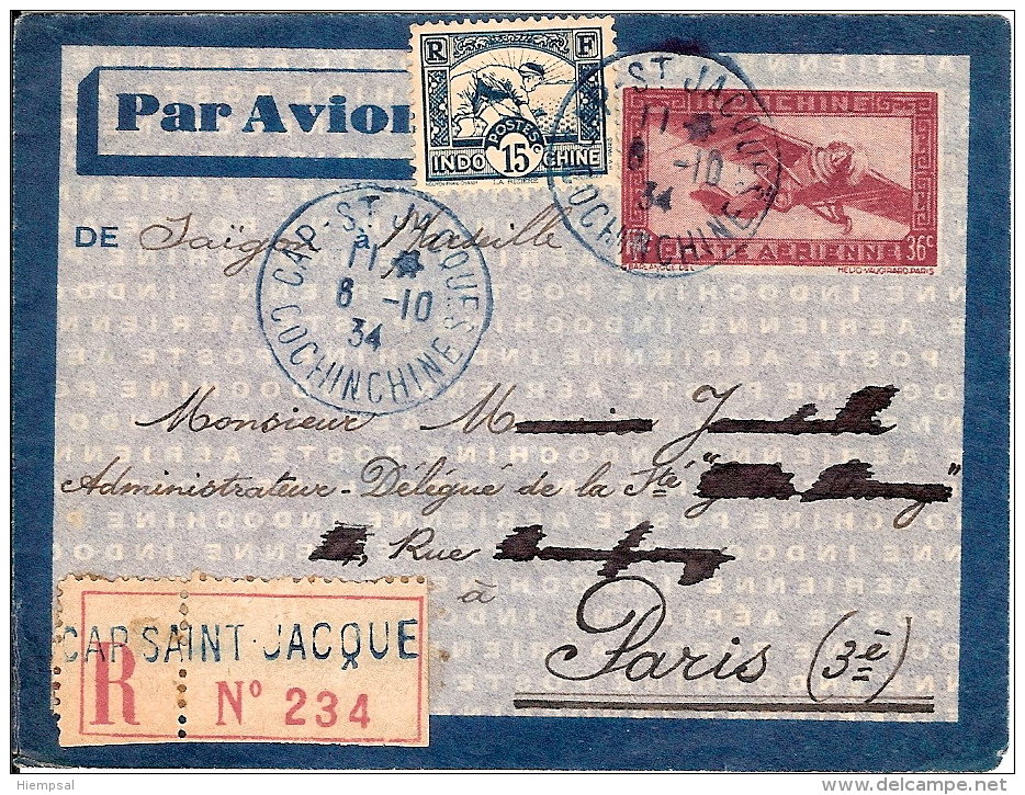 INDOCHINE LETTRE RECOMMANDEE DU 8 /10 /1934   Saigon Marseille - Airmail