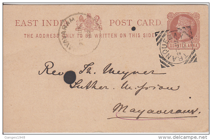 India  1892  QV  1/4A Postcard Used  TRANQUEBAR  Ex Danish Settlement  Postal Stationary # 50110 - 1882-1901 Empire