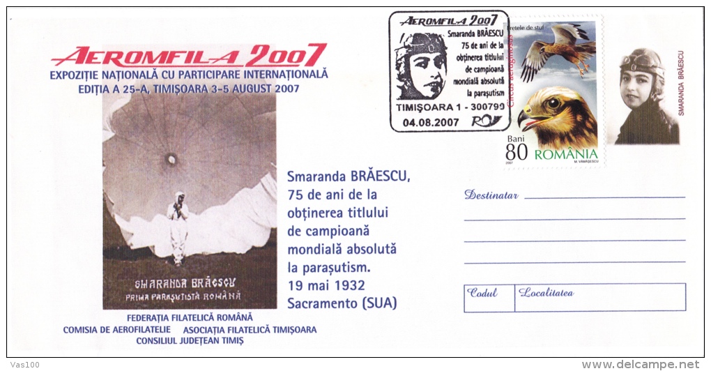 SMARANDA BRAESCU - FIRST ROMANIAN PARACHUTIST,COVER STATIONERY,2007,UNUSED,RO MANIA - Fallschirmspringen