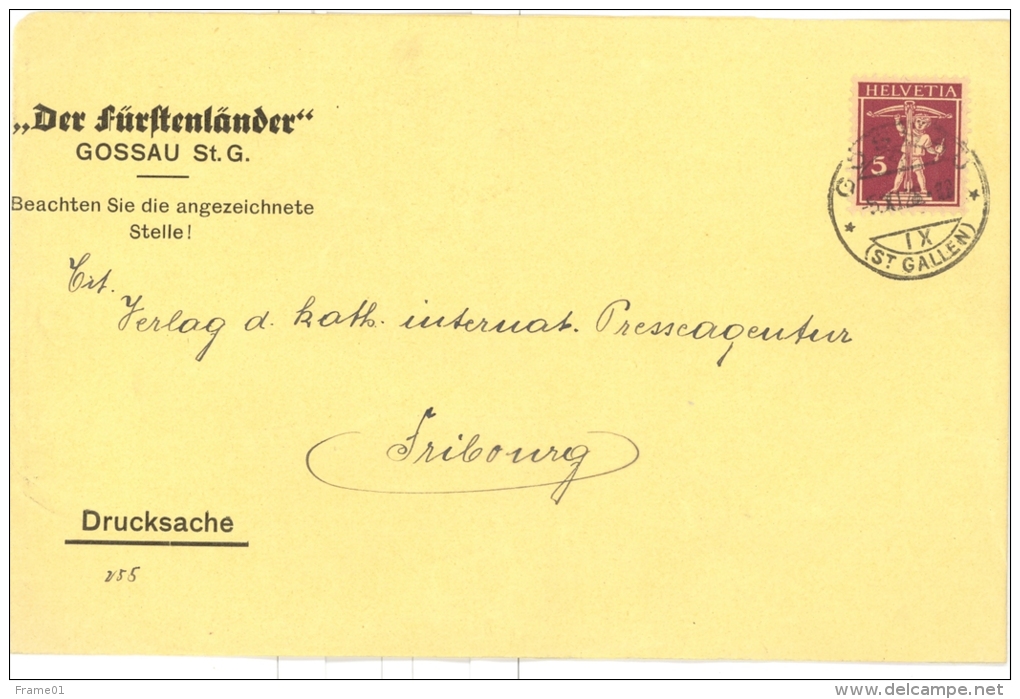 Enveloppe 1921 Gossau St-Gallen --&gt; Fribourg, Affrr. 5c YT  191 Walter Tell, Tarif Imprimé / Drucksache - Lettres & Documents