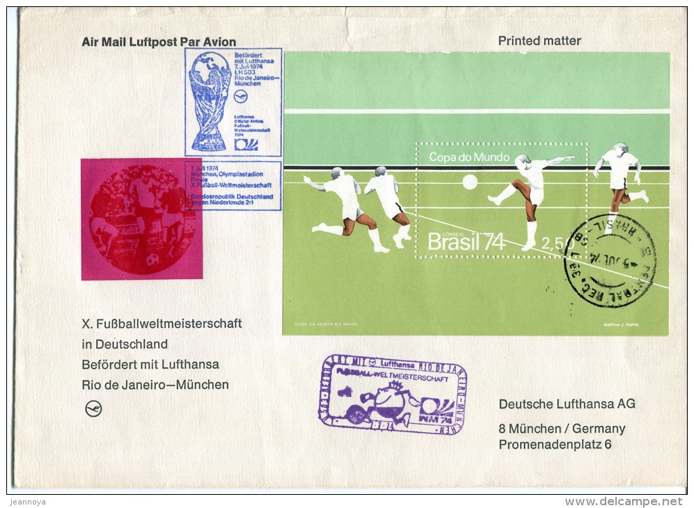 BRESIL - BLOC FEUILLET N° 33, COUPE DU MONDE DE FOOTBALL A MUNICH, SUR VOL LUFTHANSA DU 7/7/1974 - TB - Blocs-feuillets