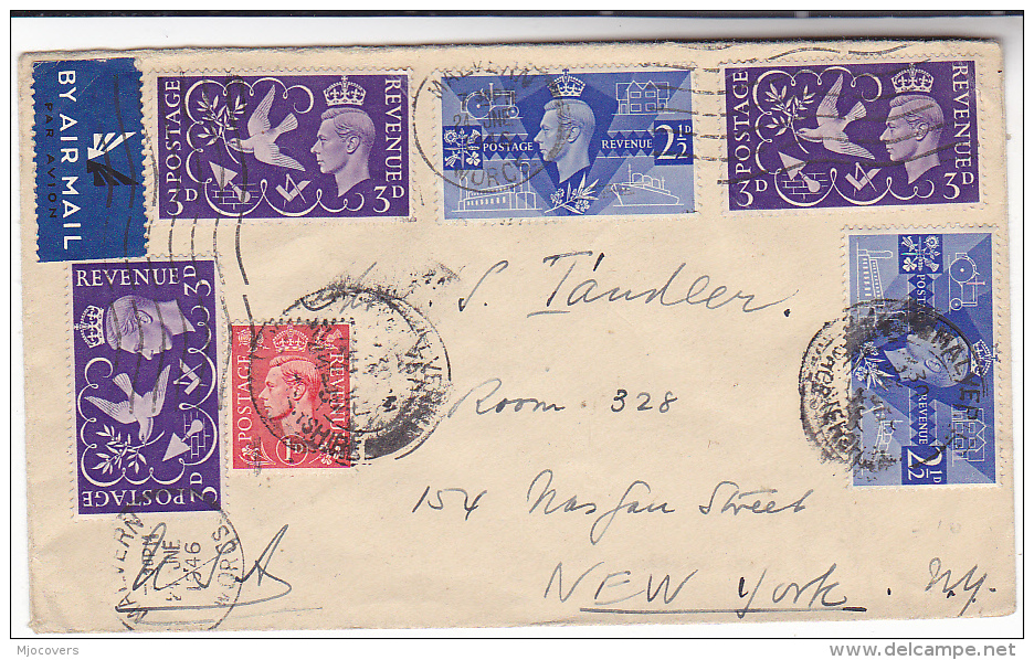 1946 Air Mail GB GVI VIctory Multi  Stamps COVER To USA, Airmail Label - Storia Postale