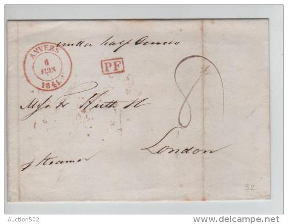 LAC D´Anvers C.rouge 6.6.1841 Gff PF Encadré  Taxé 8 To London Per Steamer C.d´arrivée Gd Chiffre 6 PR275 - 1830-1849 (Belgique Indépendante)