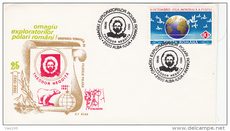 THEODOR NEGOITA, EXPLORER,  POLAR BEAR, SPECIAL COVER, 1993, ROMANIA - Explorers