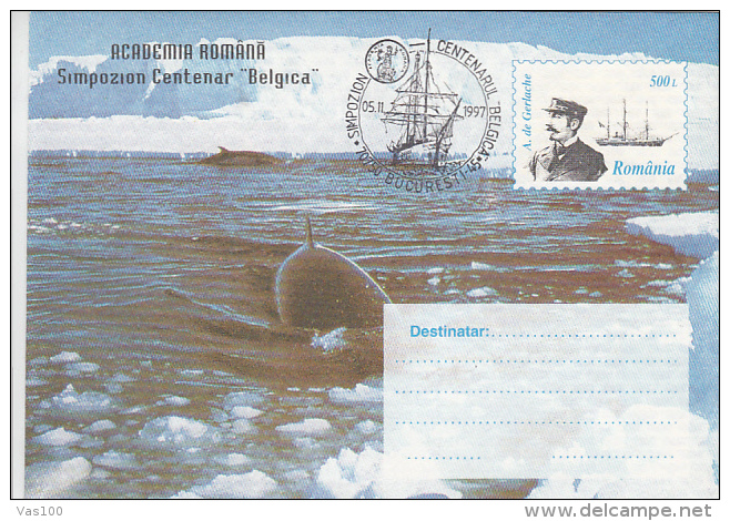 A. DE GERLACHE, EXPLORER, BELGICA SHIP, WHALES, COVER STATIONERY, ENTIERE POSTAUX, 1997, ROMANIA - Explorers