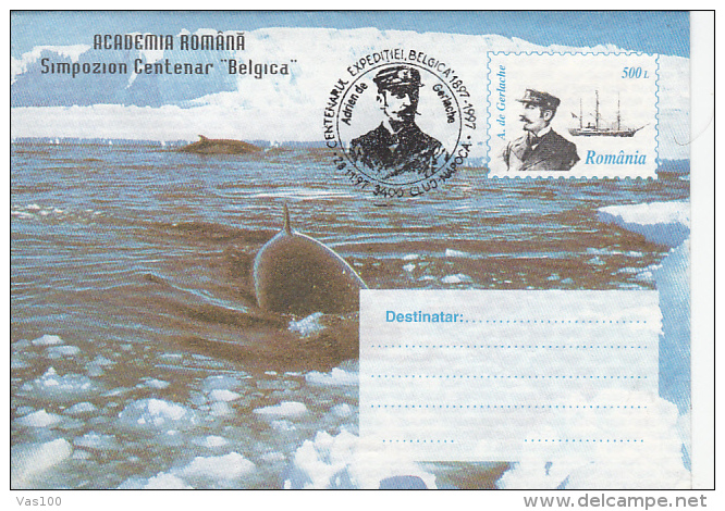 A. DE GERLACHE, EXPLORER, BELGICA SHIP, WHALES, COVER STATIONERY, ENTIERE POSTAUX, 1997, ROMANIA - Esploratori