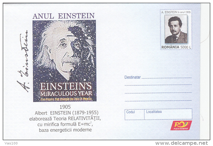 ALBERT EINSTEIN, PHISICIST, COVER STATIONERY, ENTIERE POSTAUX, 2005, ROMANIA - Albert Einstein