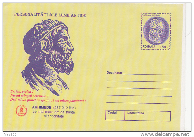 ARCHIMEDES, HISTORY FAMOUS PEOPLE,  COVER STATIONERY, ENTIERE POSTAUX, 2000, ROMANIA - Mythology