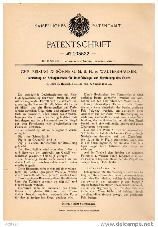 Original Patentschrift - Chr. Reising & Söhne In Waltershausen , 1898 , Dachziegel - Presse , Dachdecker , Dach  !!! - Maschinen