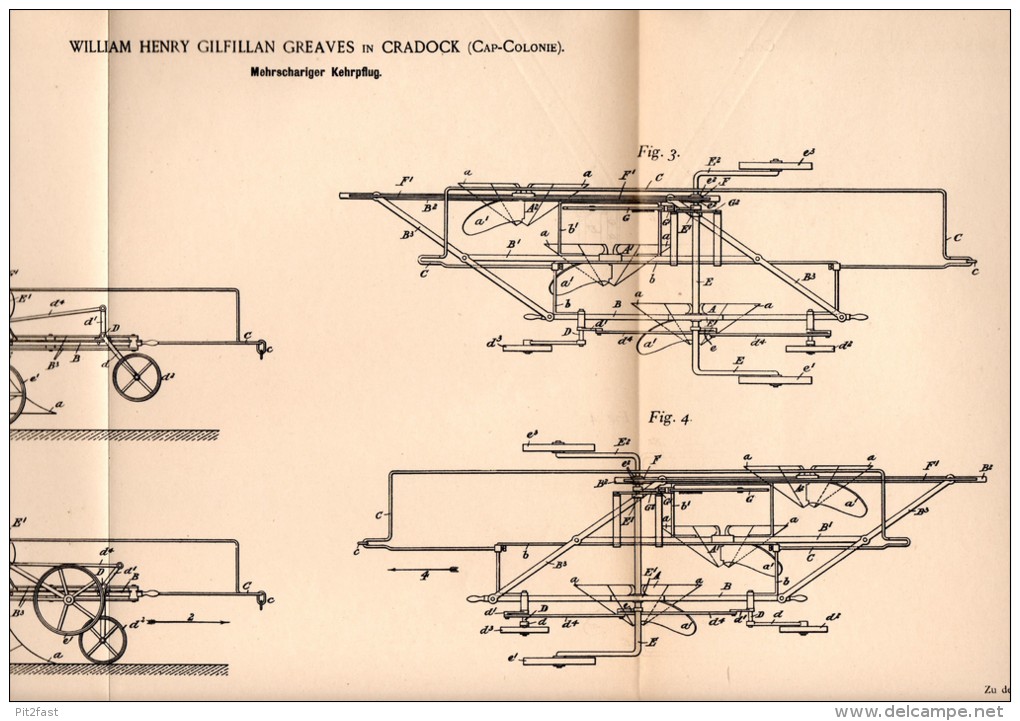 Original Patentschrift - W. Greaves In Cradock , 1896 , Südafrika , Kehrpflug , Pflug , Landwirtschaft , Agrar , Afrika - Maschinen