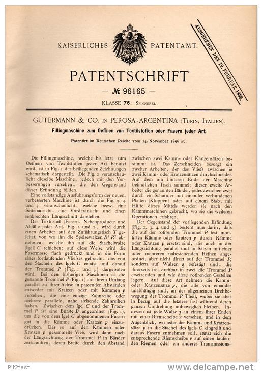 Original Patentschrift - Gütermann & Co In Perosa Argentina , 1896 , Macchine Per La Filatura, Filatoio , Turin , Italia - Macchine