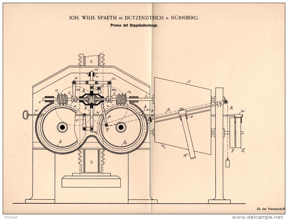 Original Patentschrift - J. Spaeth In Dutzendteich B. Nürnberg , 1897 , Presse Mit Doppelzahnstange !!! - Maschinen