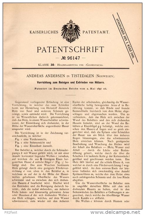 Original Patentschrift - A. Andersen In Tistedalen , Norway , 1897 , Maschine Zum Entrinden Von Holz , Forst !!! - Machines