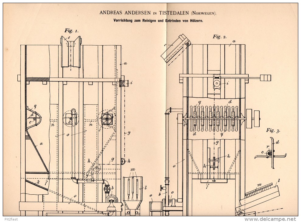 Original Patentschrift - A. Andersen In Tistedalen , Norway , 1897 , Maschine Zum Entrinden Von Holz , Forst !!! - Machines
