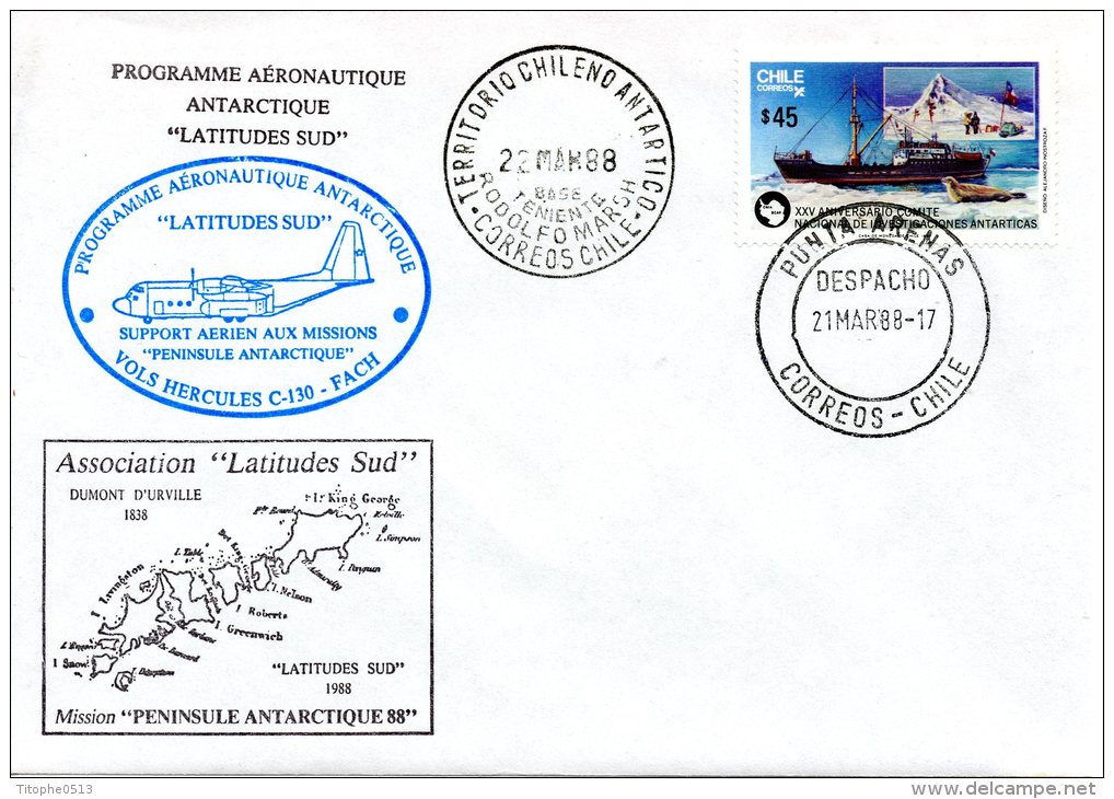 CHILI. N°830 Sur Enveloppe Commémorative De 1988. Punta Arenas/Programme Aéronautique Antarctique. - Programmi Di Ricerca