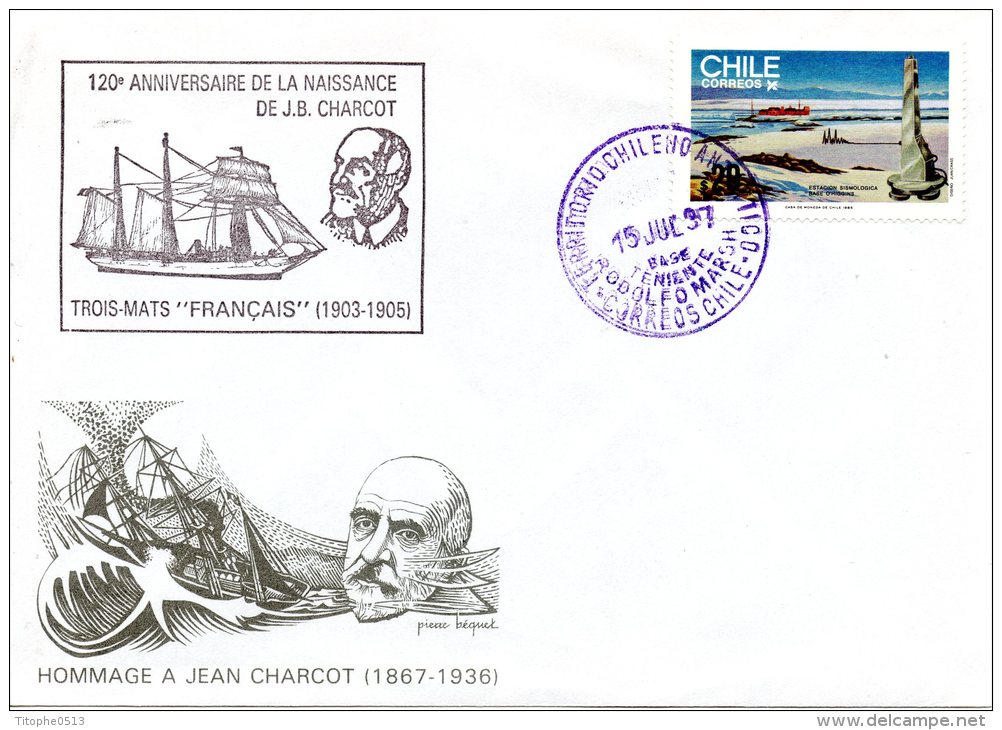 CHILI. N°700 Sur Enveloppe Commémorative De 1987. Hommage à Charcot/Base Teniente Rodolfo Marsh.. - Polar Explorers & Famous People