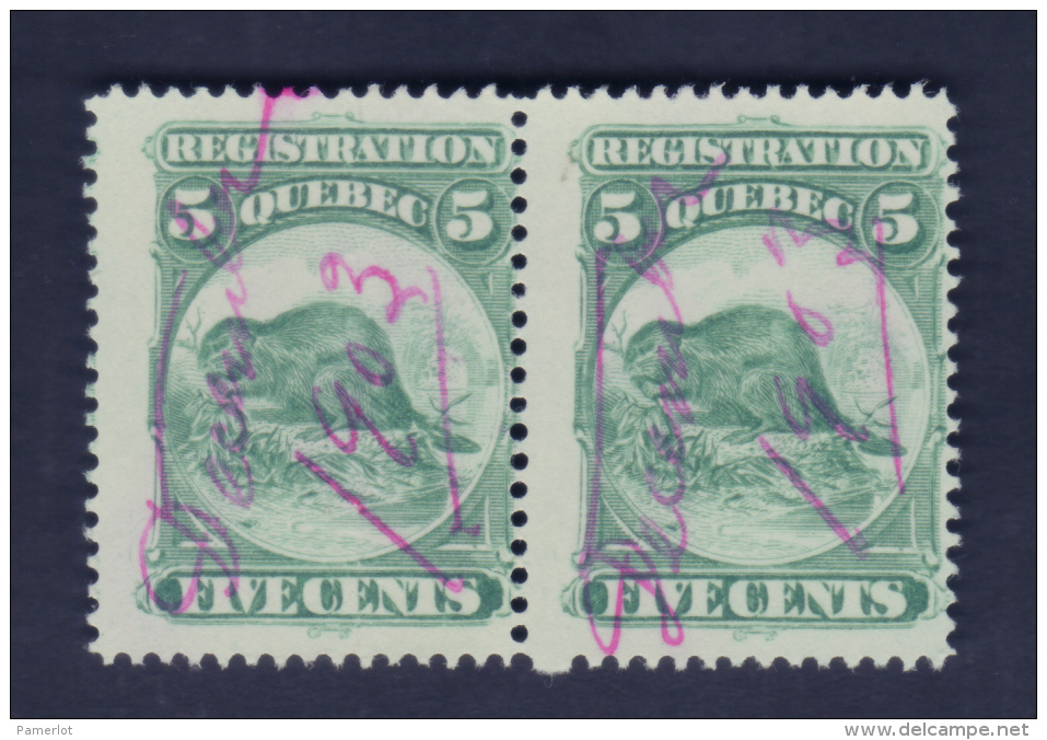 Fiscaux #QR5 Pair With Ink Print At The Back Look (  5c 1871 Beaver ) Timbre Taxe Quebec Canada Recto /verso - Steuermarken