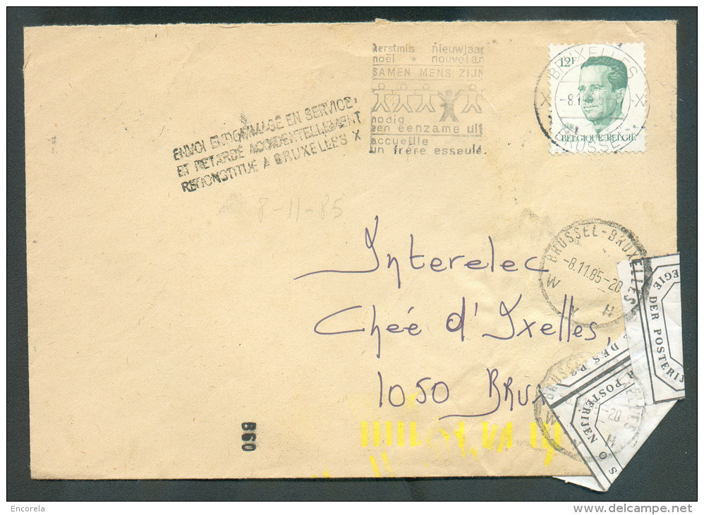 N°2113 Obl. Dc BRUXELLES X Sur Lettre Détériorée Vers Bruxelles + Etiquette De Réparation De L´Administration Des Postes - Lettres Accidentées