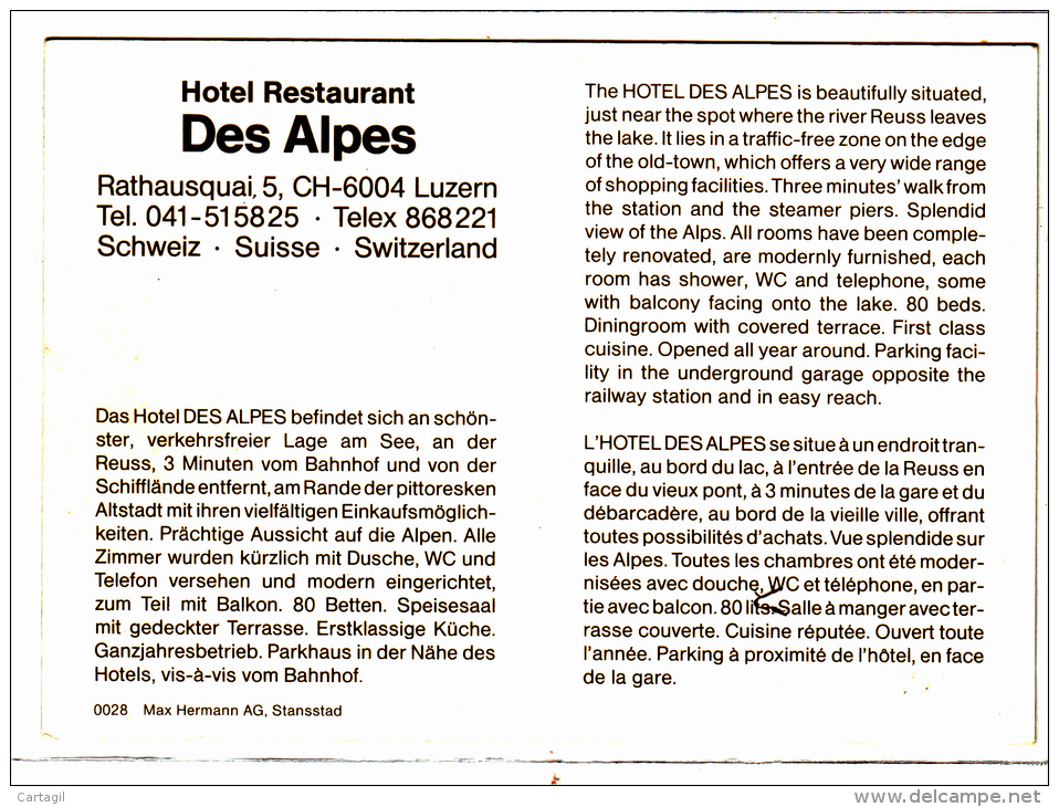 CPM GF ( Carte Pub Au  Format) - 23736 -Suisse - Lucerne - Hotel Des Alpes - 2scans) - Luzern