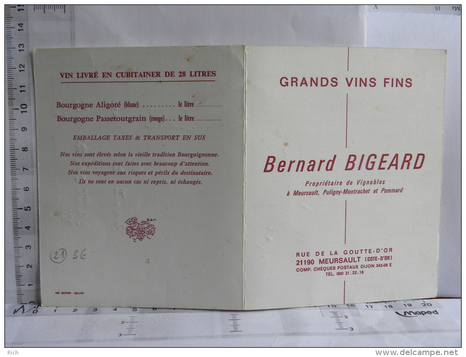 21 Côte D'Or - Carte Commercial  Bernard BIGEARD Vignobles, Meursault, Puligny Montrachet Et Pommard - Meursault
