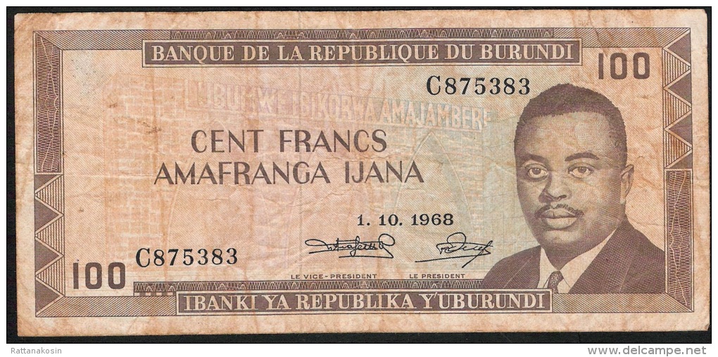 BURUNDI    P23a   100  FRANCS   1.10.1968    FINE One Small Tear ,2 P.h. - Burundi