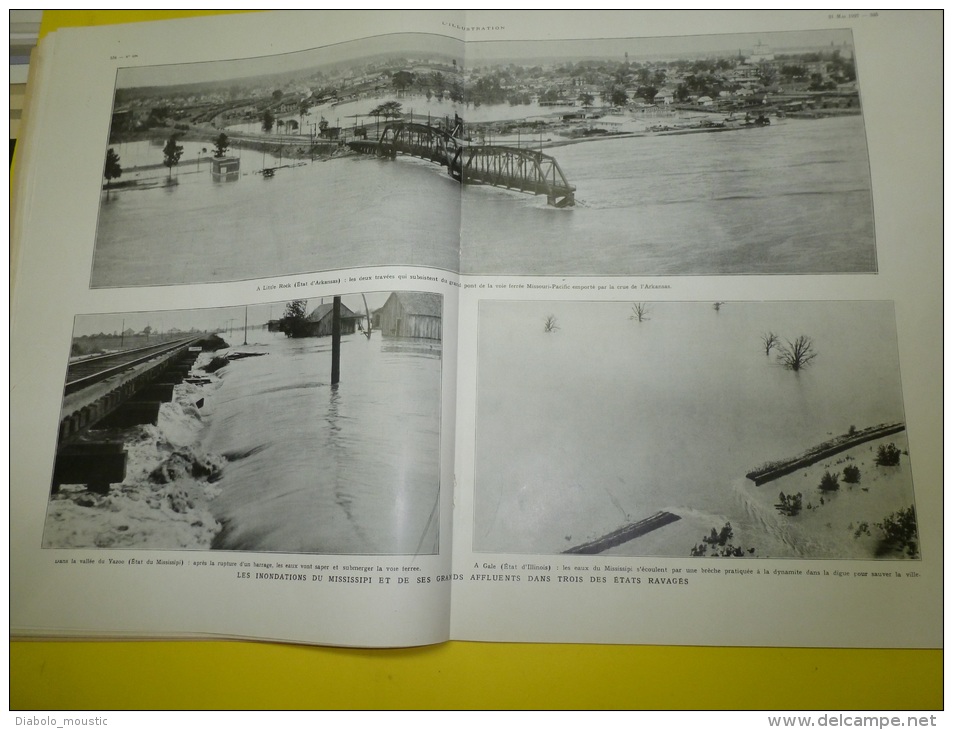 1927 Pubs diverses et automobiles ;Sculpture; Inondation Mississipi (rupture digue Panorama sur le désastre; LITTLE ROCK