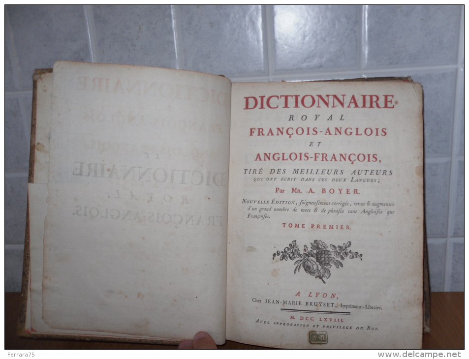 Libro Antico Dizionario Francese Inglese Dictionnai Francois Anglois 1769 - 1701-1800