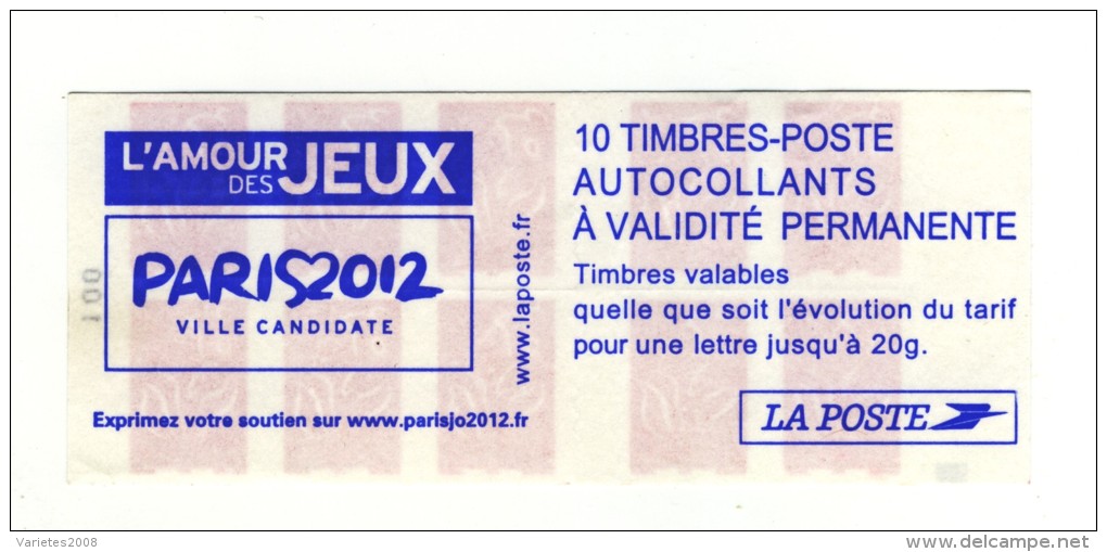 Carnet Lamouche "Paris 2012" YT 3744-C1a : Numéro 100 Avec Gros Carré Noir . Cote YT : 58 € , Maury N° 548a : 40 € . - Autres & Non Classés