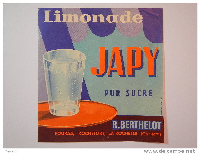 P167 - étiquette De Limonade JAPY - R. BERTHELOT à FOURAS, ROCHEFORT, LA ROCHELLE - Charente-Maritime - Collections