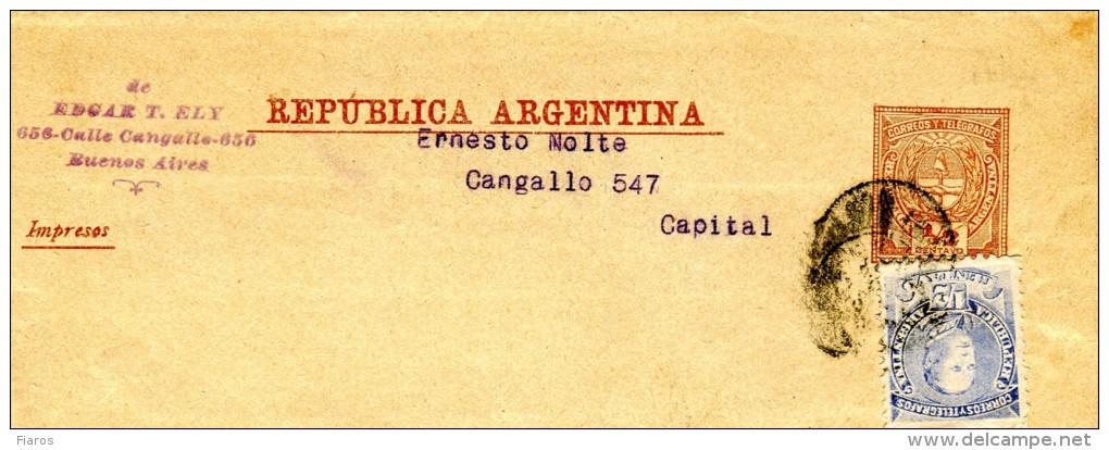 Argentina- Postal Stationery- Wrapper Of 1/2c Value With Additional Stamp Of 1/2c, Posted Within Buenos Aires - Enteros Postales