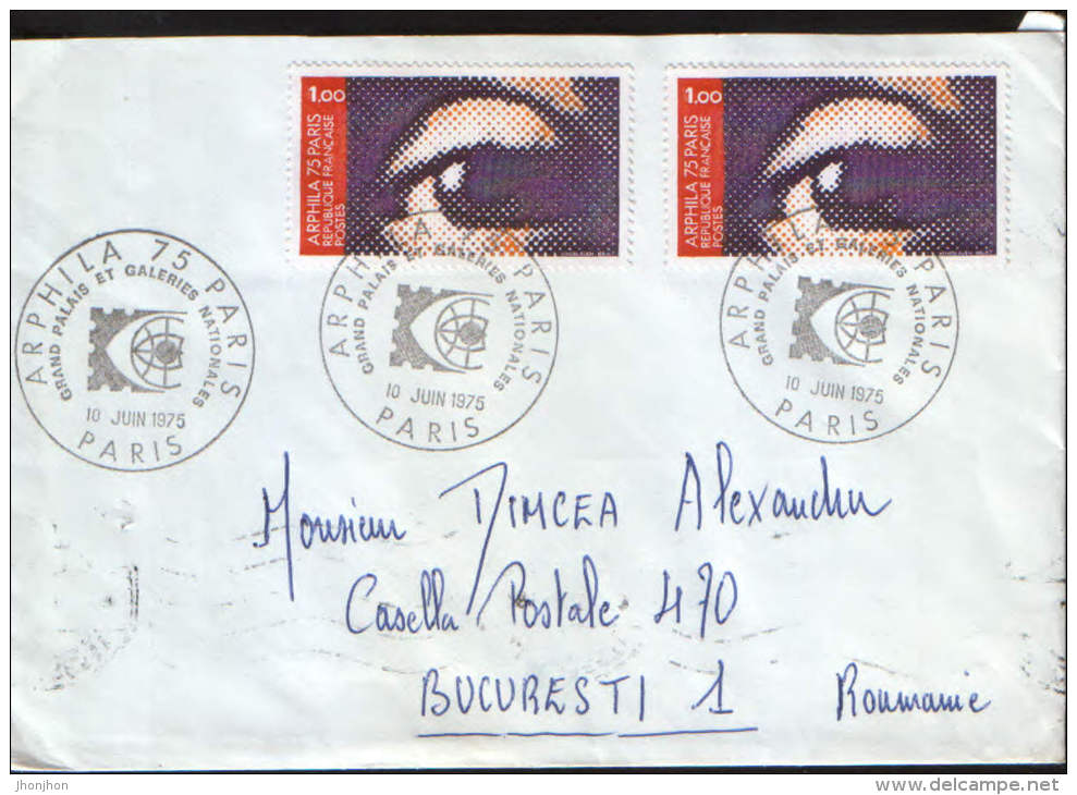 France-Envelope Circulated From Paris In Bucharest, Romania In 1975,with 2 Vignettes On The Back-2/scans - Storia Postale