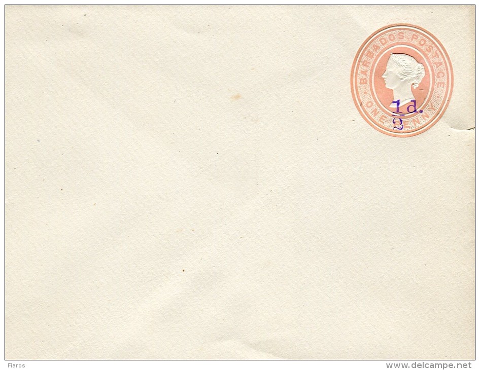Barbados (Great Britain)- Postal Stationery Envelope With Victoria 1p Value, Overprinted Violet 1/2d. (unused) - Barbades (...-1966)