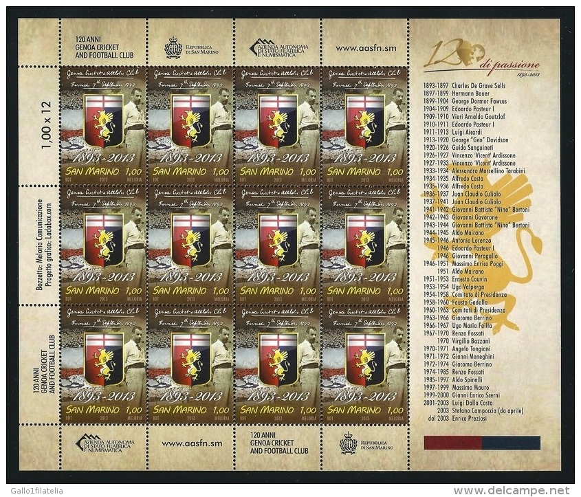 2013 - SAN MARINO - CENTOVENTESIMO ANNIVERSARIO DEL GENOA. MNH - Unused Stamps
