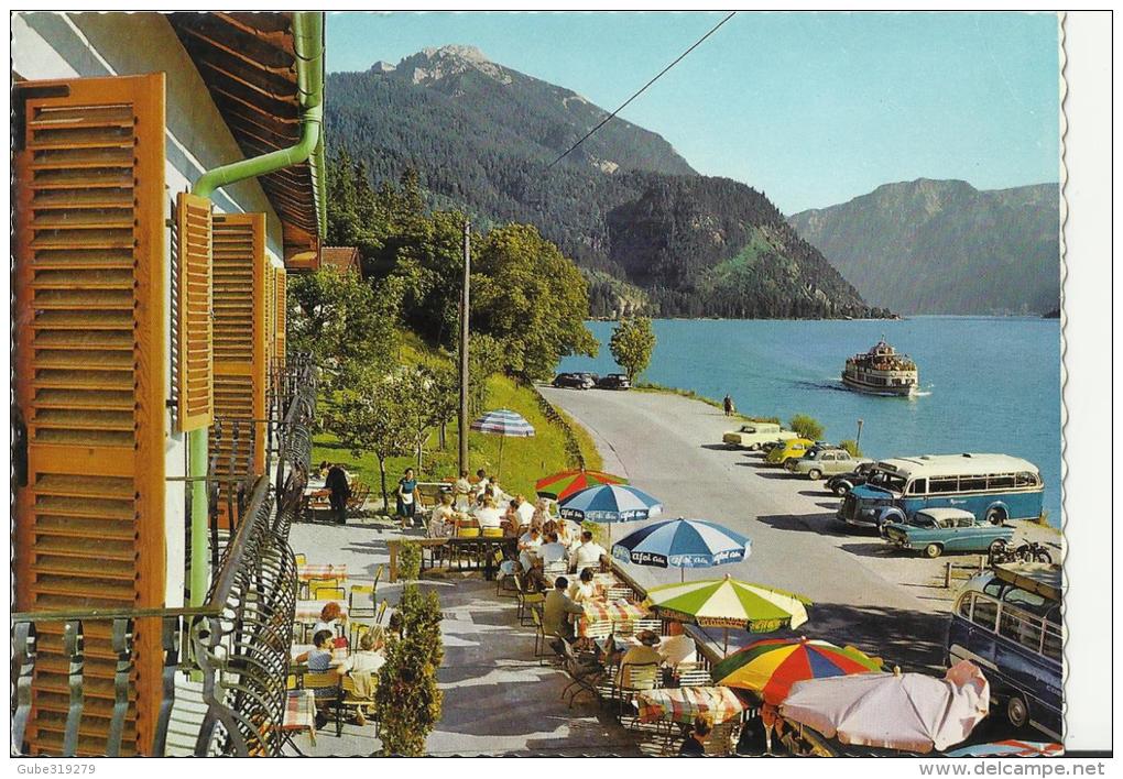 AUSTRIA  - POSTCARD  ACHENSEE - VIEW FROM HOTEL SCHOLASTIKA + RIVER BOAT - ADDR TO LUZERN /SWITZ. W 1 ST OF 2 S POSTMARK - Achenseeorte