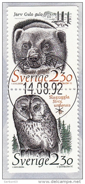 2 TIMBRES SOUS ENVELOPPE TRANPARENTE SVERIGE OBLITERE JÂRV GULO GULO SLAGUGGLA STRIX URALENSIS AXELSSON L. SJÖÖBLOM SC - Used Stamps